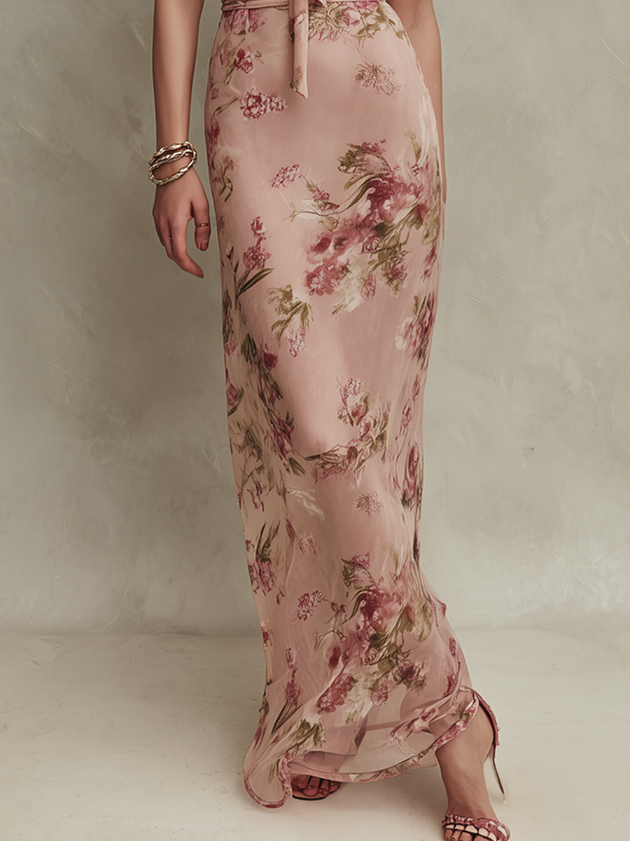 Carmen | Vestido largo de gasa con elegante estampado floral y escote en forma de lágrima