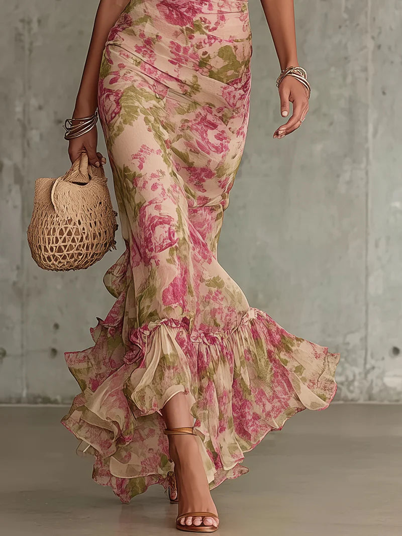 Elena | Vestido largo romántico con estampado de rosas vintage y mangas abullonadas.
