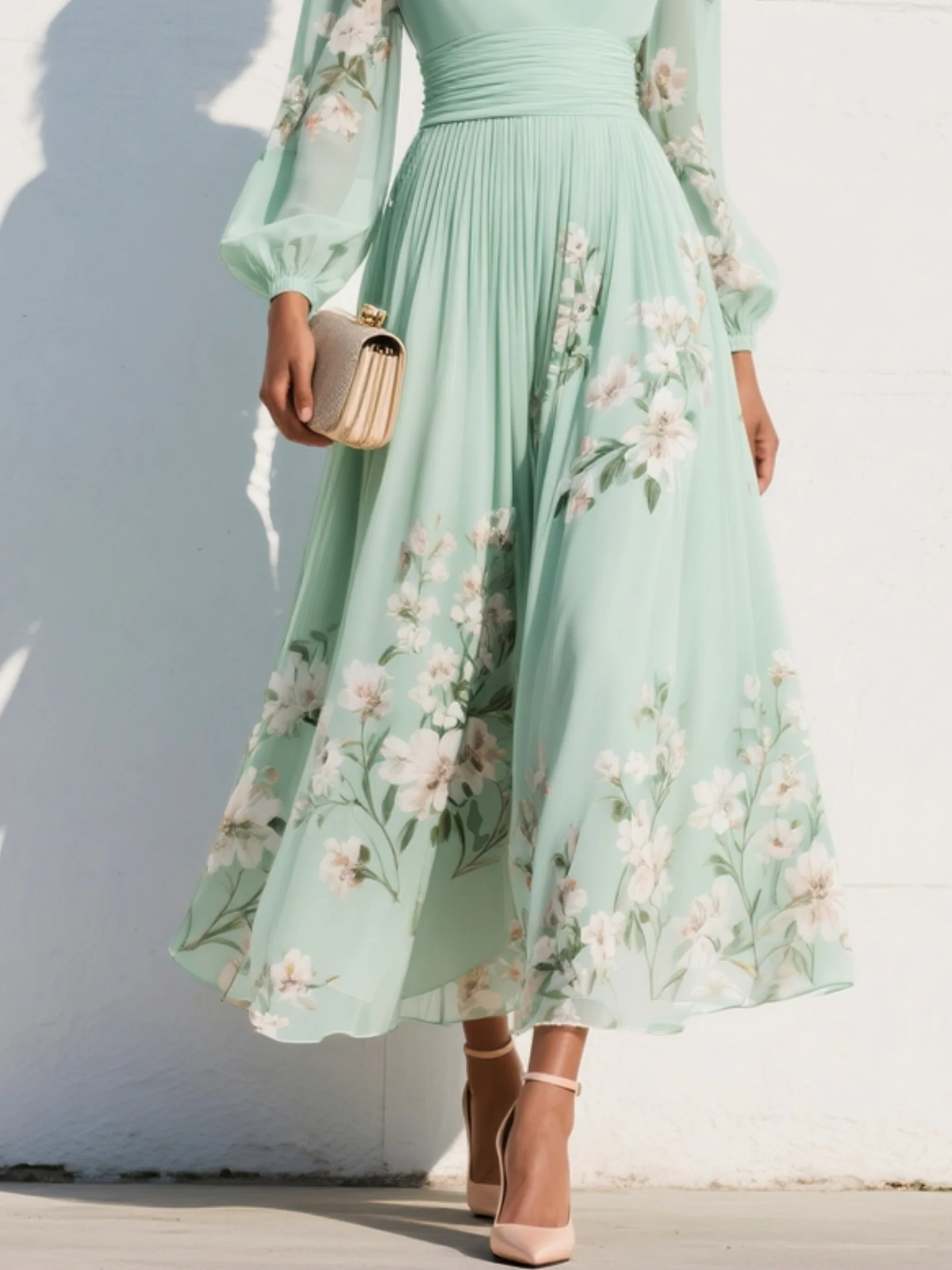 Susana | Vestido largo plisado de gasa con estampado floral verde menta para mujer