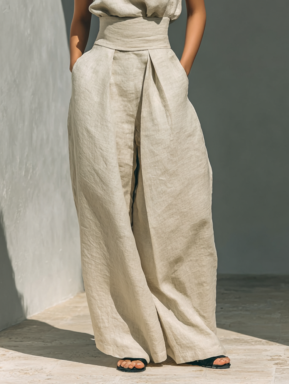 Aurora | Conjunto de dos piezas de lino beige con top sin mangas y pantalón de pierna ancha