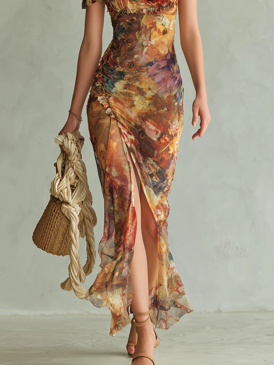 Rocío | Vestido largo de gasa naranja con estampado de pintura al óleo, estilo bohemio