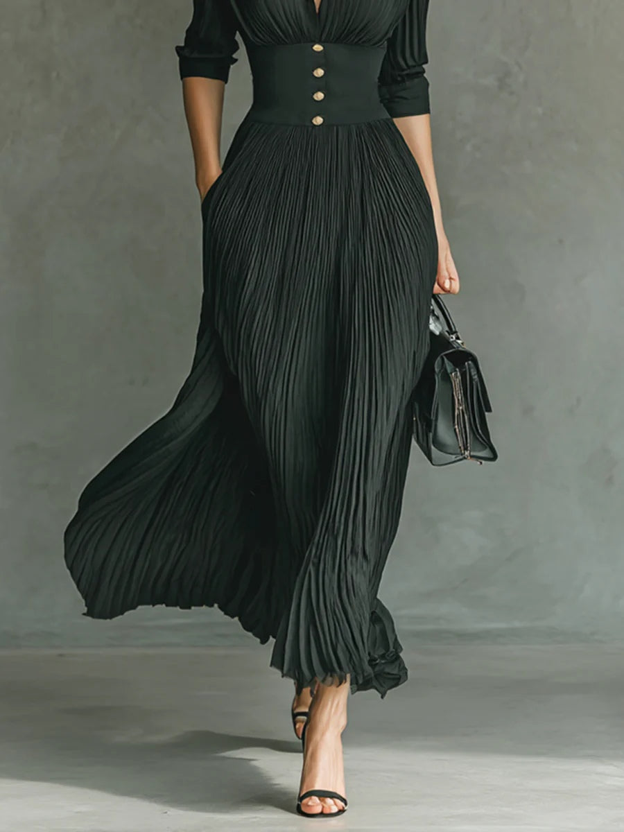 Andrea | Vestido largo plisado con solapas y cintura alta