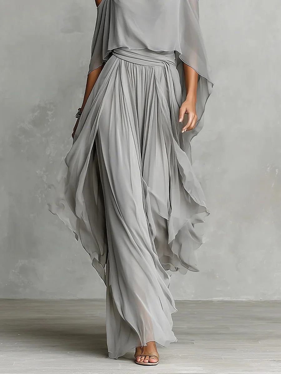 Isabel | Conjunto gris vaporoso con top de tirantes finos y pantalones ligeros