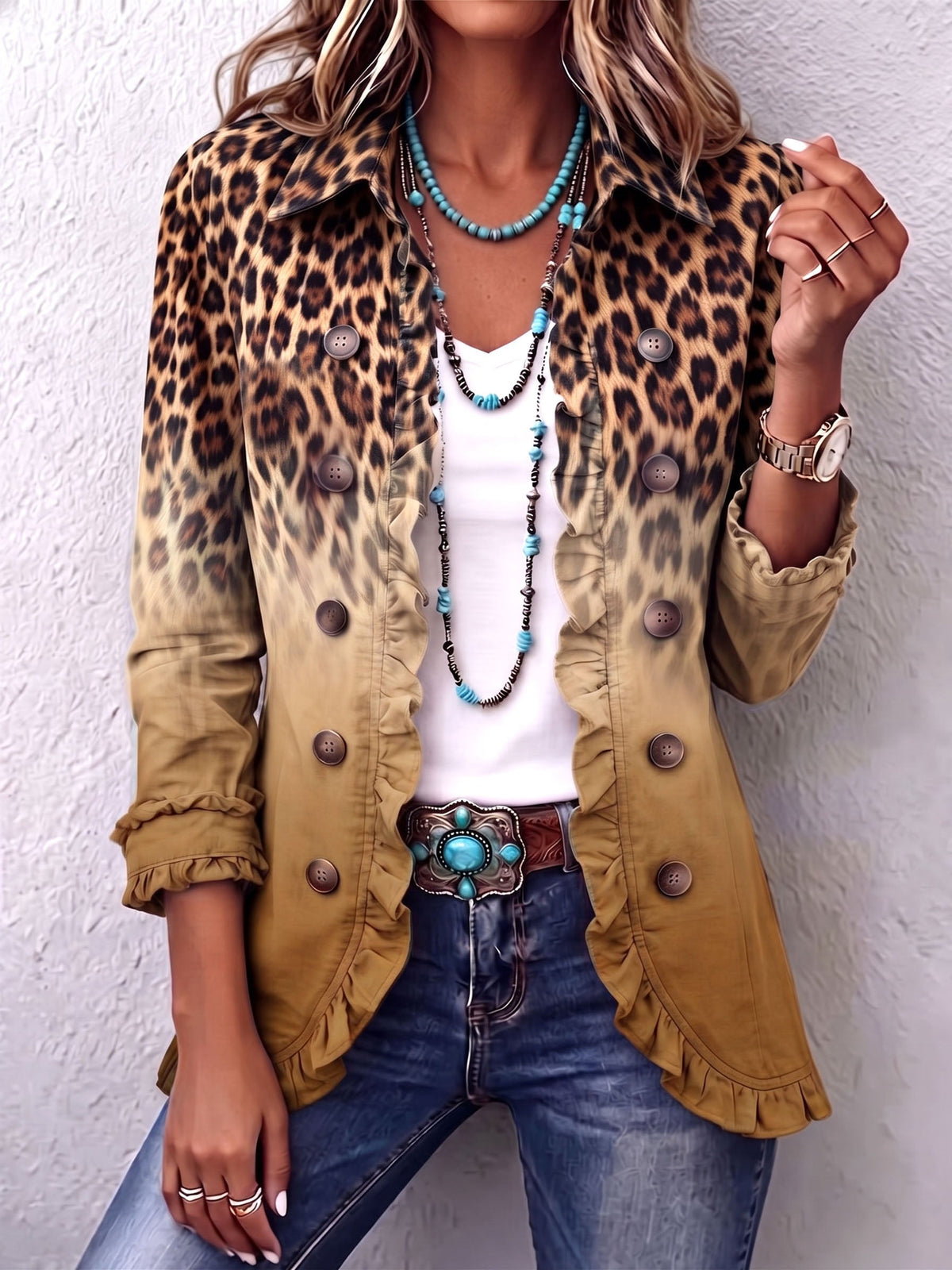 Marina | Blazer con estampado de leopardo degradado y volantes