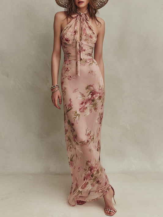 Carmen | Vestido largo de gasa con elegante estampado floral y escote en forma de lágrima