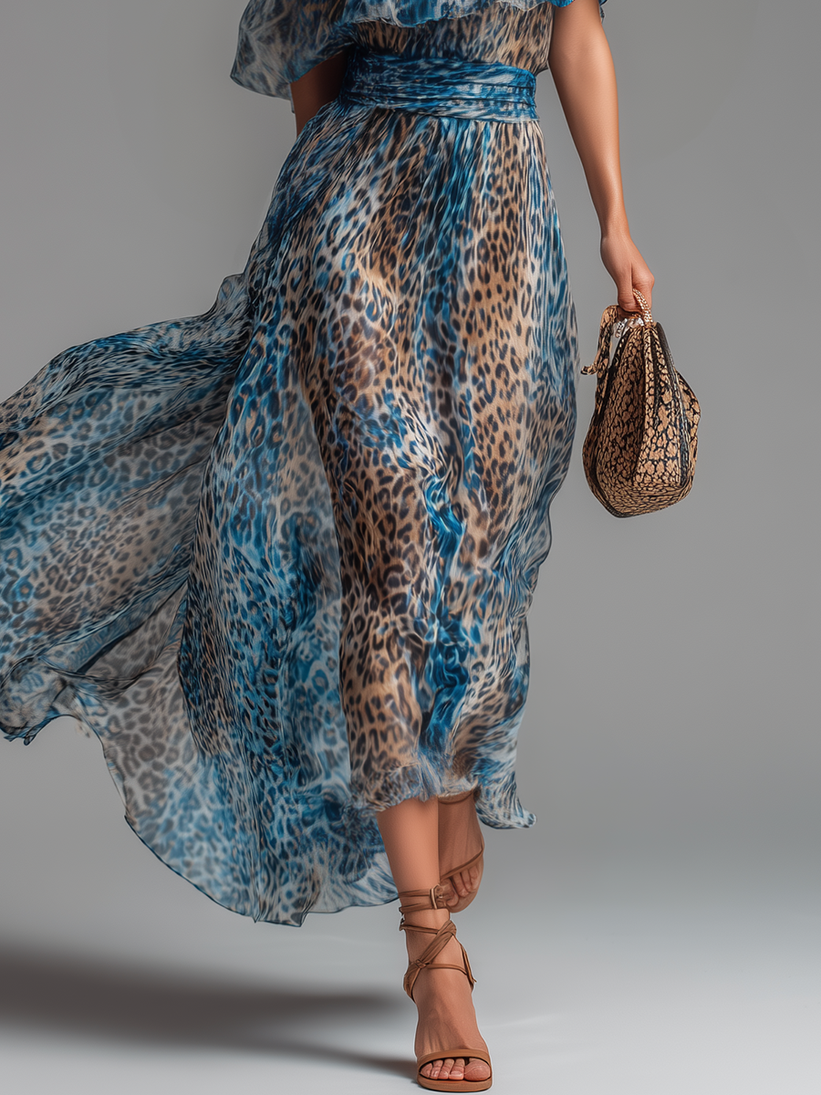 Paula | Vestido largo de gasa con estampado de leopardo y diseño de hombros descubiertos