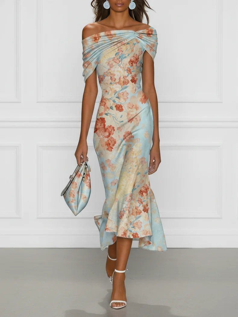 Victoria | Vestido midi de sirena con escote Bardot y estampado floral azul