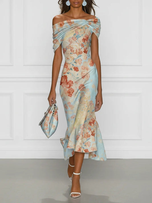 Victoria | Vestido midi de sirena con escote Bardot y estampado floral azul