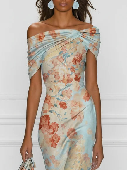 Victoria | Vestido midi de sirena con escote Bardot y estampado floral azul