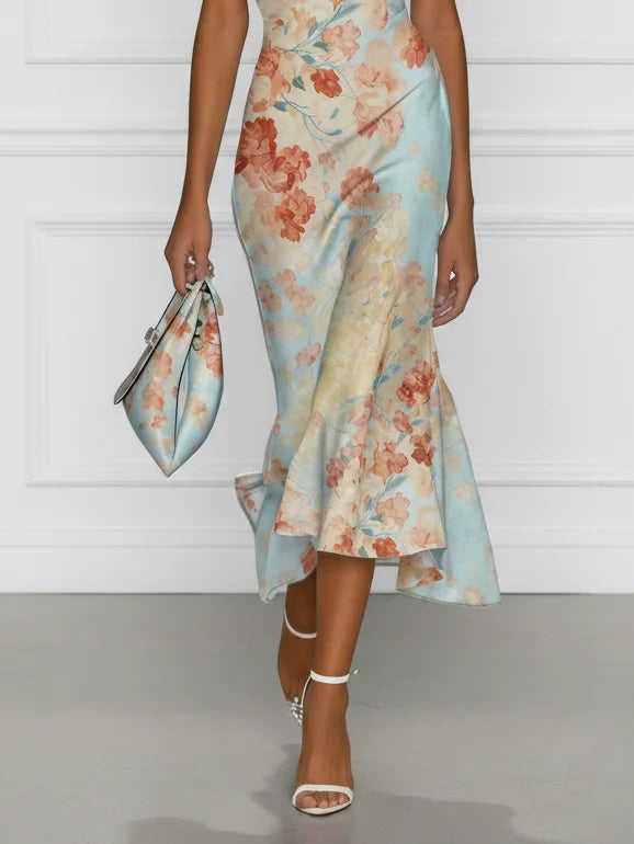 Victoria | Vestido midi de sirena con escote Bardot y estampado floral azul