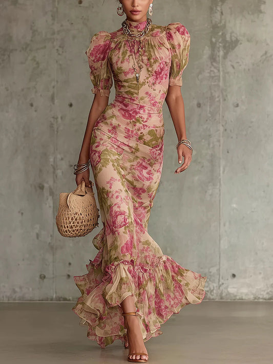 Elena | Vestido largo romántico con estampado de rosas vintage y mangas abullonadas.