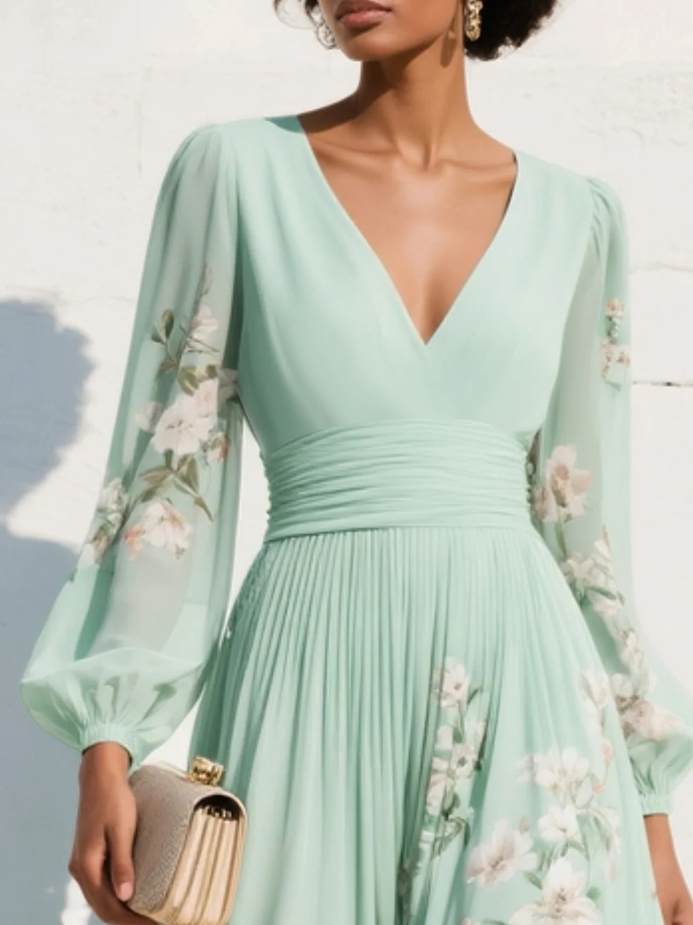 Susana | Vestido largo plisado de gasa con estampado floral verde menta para mujer