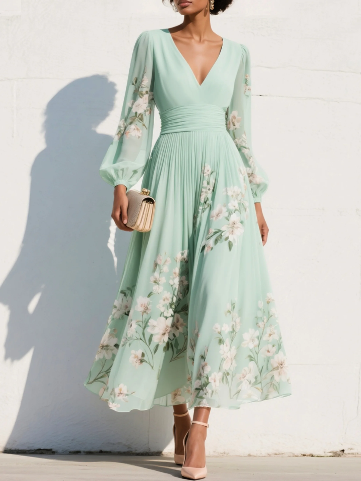 Susana | Vestido largo plisado de gasa con estampado floral verde menta para mujer