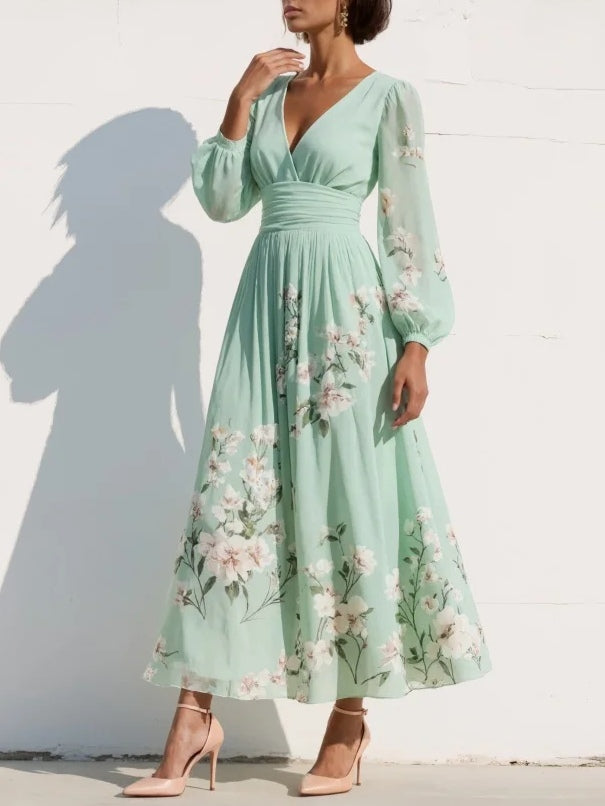 Susana | Vestido largo plisado de gasa con estampado floral verde menta para mujer