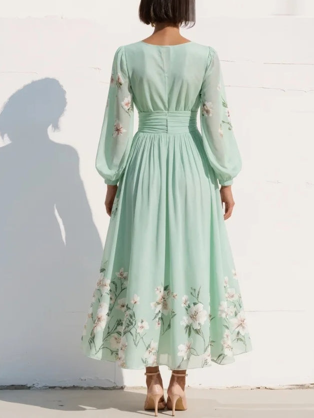Susana | Vestido largo plisado de gasa con estampado floral verde menta para mujer