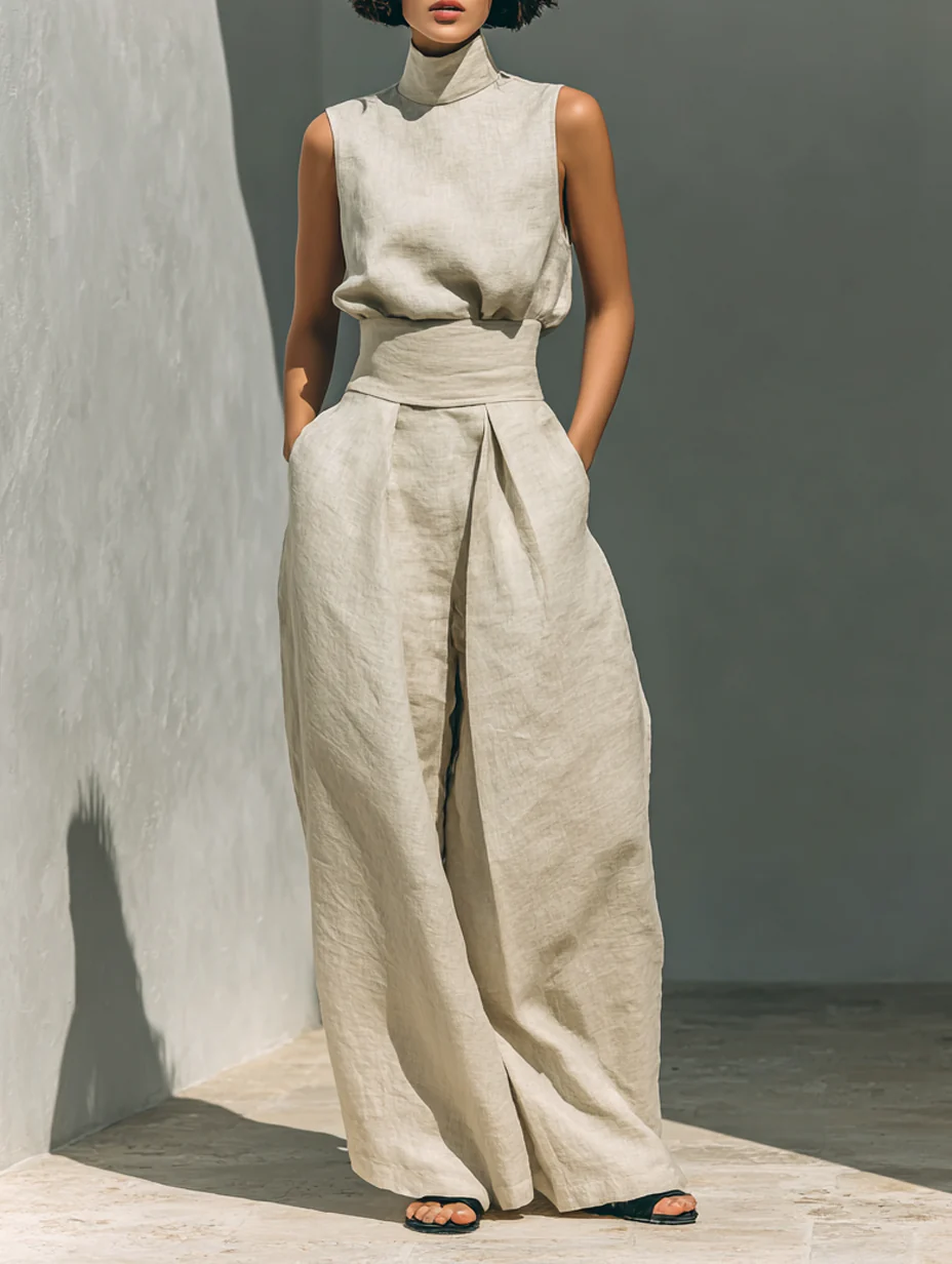 Aurora | Conjunto de dos piezas de lino beige con top sin mangas y pantalón de pierna ancha
