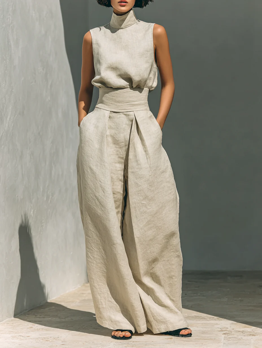 Aurora | Conjunto de dos piezas de lino beige con top sin mangas y pantalón de pierna ancha