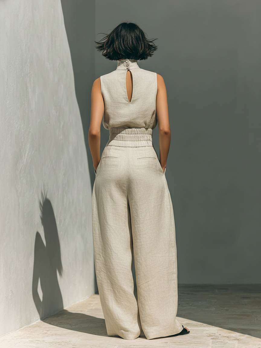 Aurora | Conjunto de dos piezas de lino beige con top sin mangas y pantalón de pierna ancha
