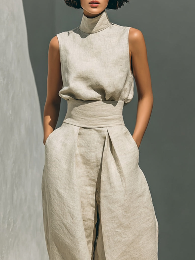Aurora | Conjunto de dos piezas de lino beige con top sin mangas y pantalón de pierna ancha
