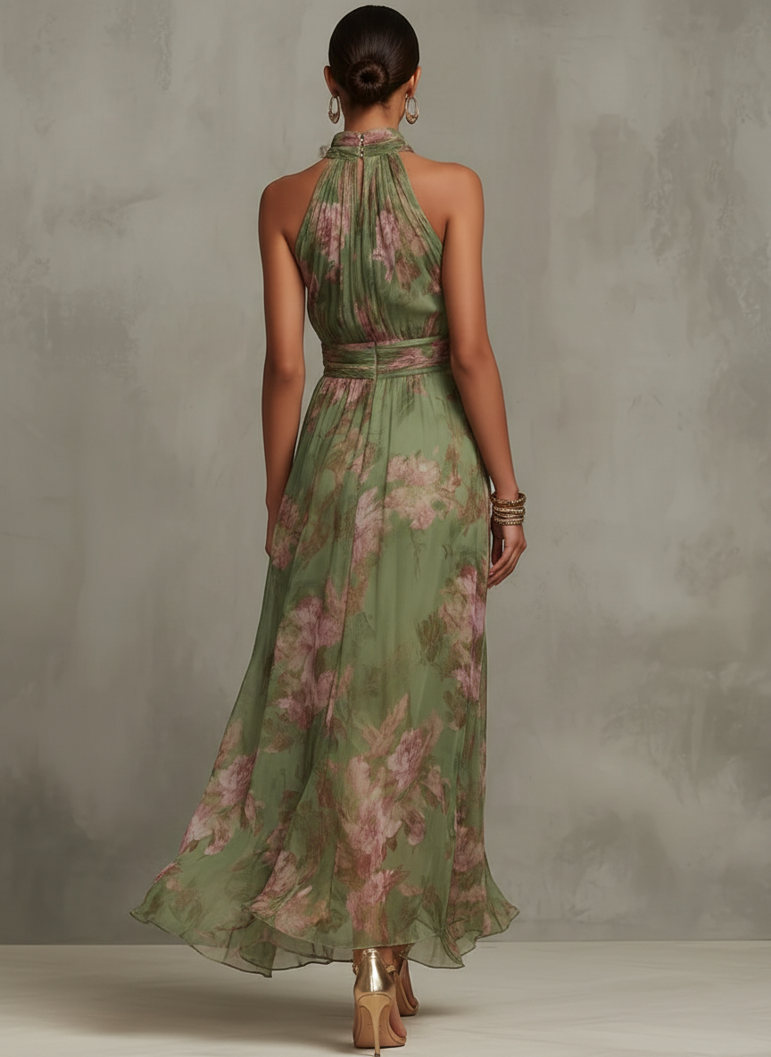 Marta | Vestido largo de gasa floral con escote halter