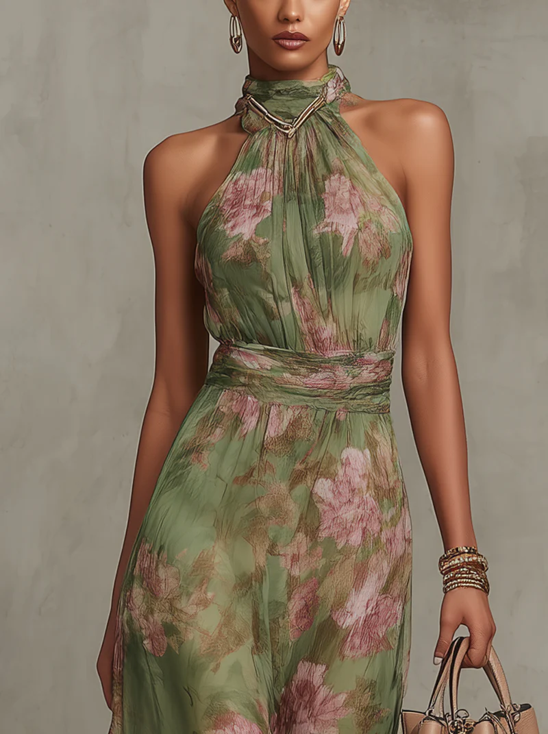 Marta | Vestido largo de gasa floral con escote halter