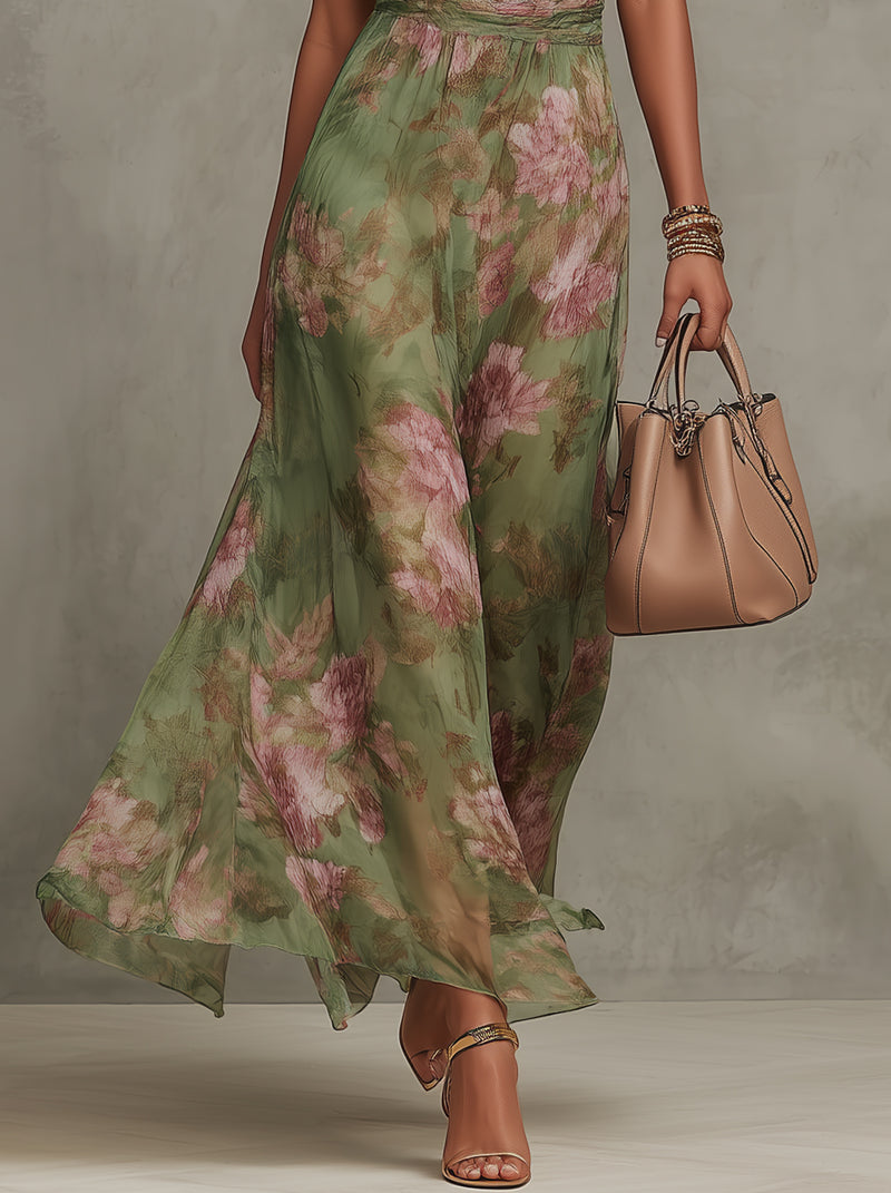 Marta | Vestido largo de gasa floral con escote halter
