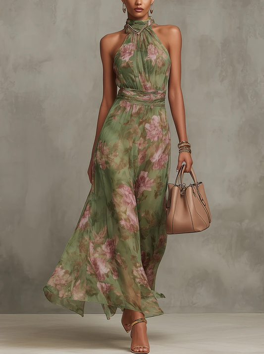 Marta | Vestido largo de gasa floral con escote halter