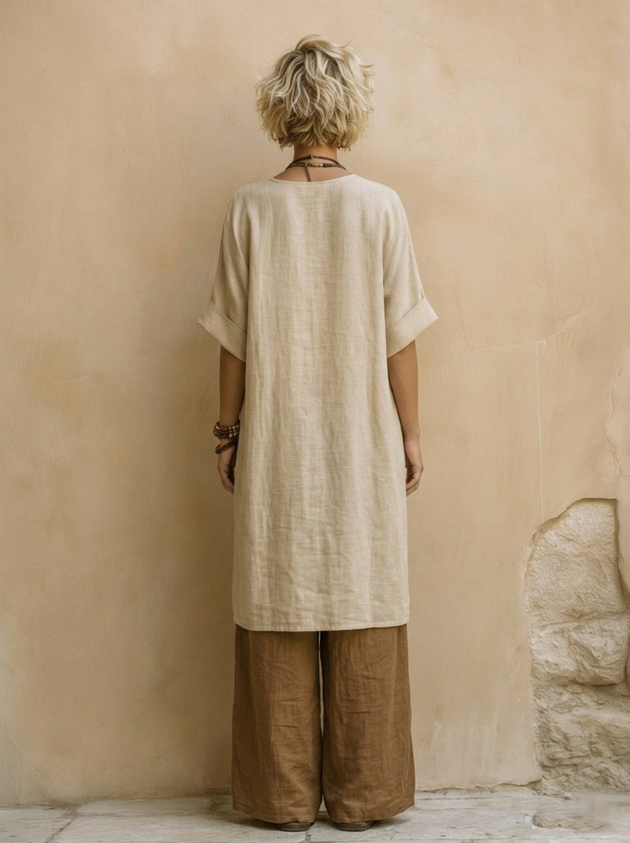 Julia | Conjunto bohemio nómada de tres piezas en gris oscuro y marrón con estampado tribal.