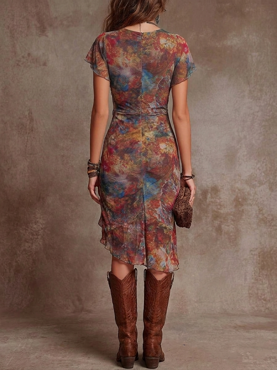 Martina | Vestido midi plisado de estilo bohemio con escote en V y estampado de arte abstracto.