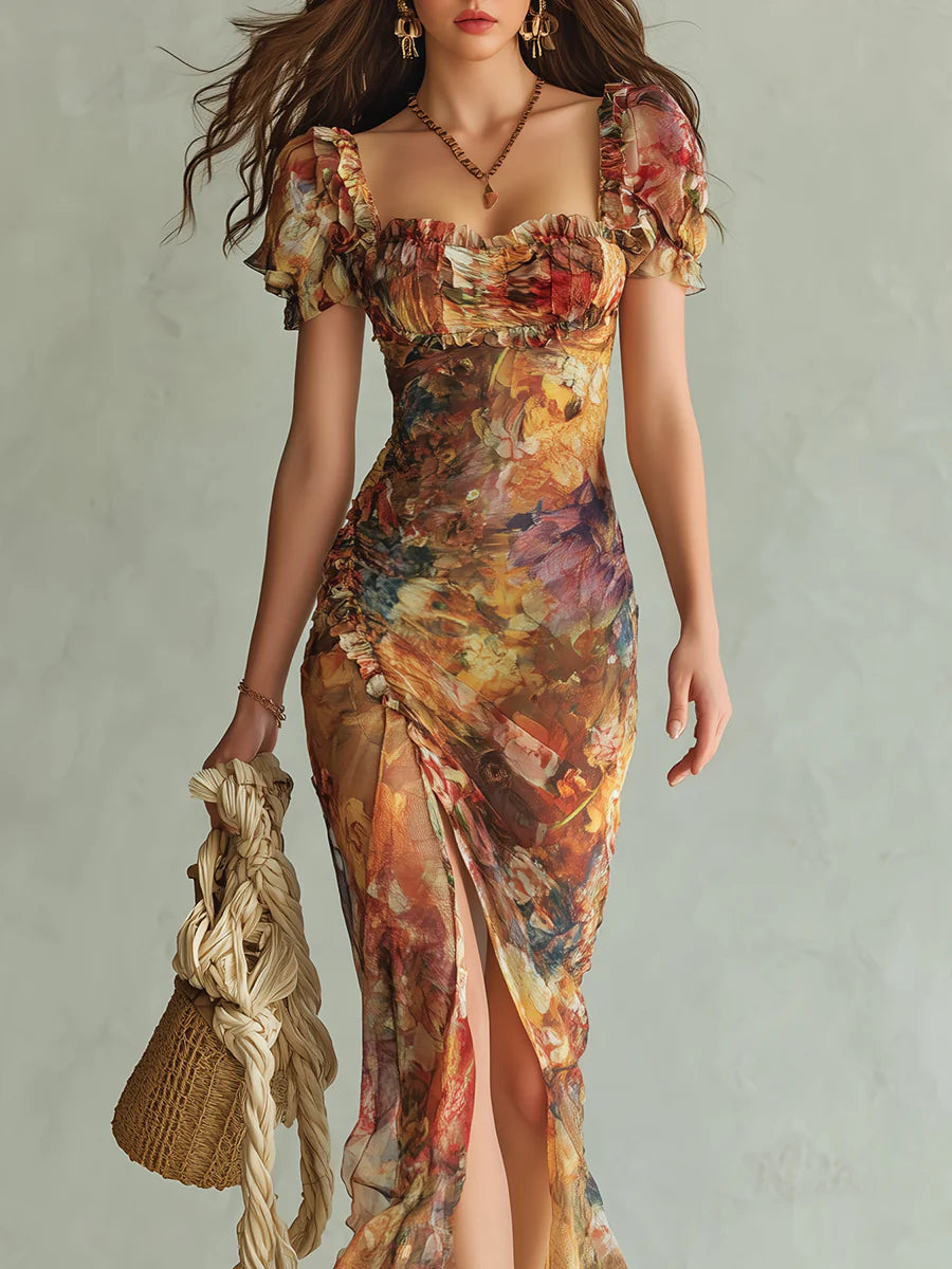 Rocío | Vestido largo de gasa naranja con estampado de pintura al óleo, estilo bohemio