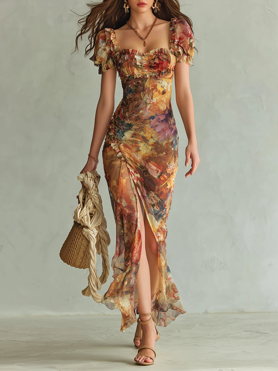 Rocío | Vestido largo de gasa naranja con estampado de pintura al óleo, estilo bohemio