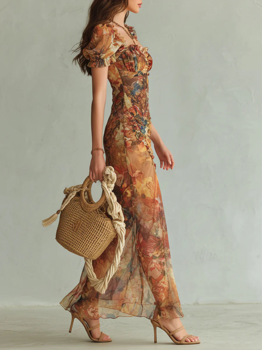 Rocío | Vestido largo de gasa naranja con estampado de pintura al óleo, estilo bohemio