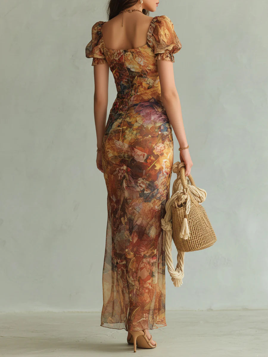 Rocío | Vestido largo de gasa naranja con estampado de pintura al óleo, estilo bohemio
