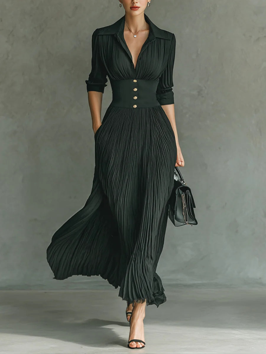 Andrea | Vestido largo plisado con solapas y cintura alta