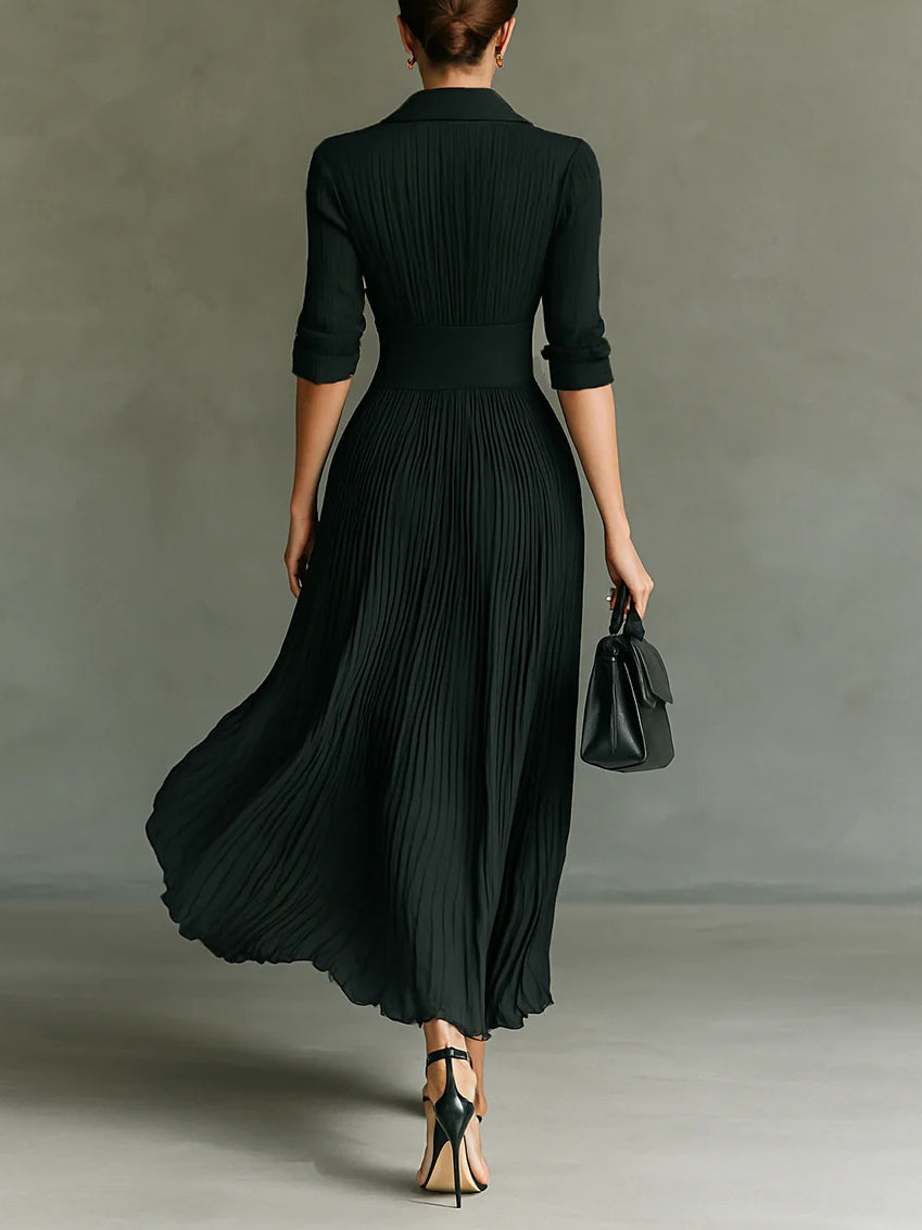 Andrea | Vestido largo plisado con solapas y cintura alta
