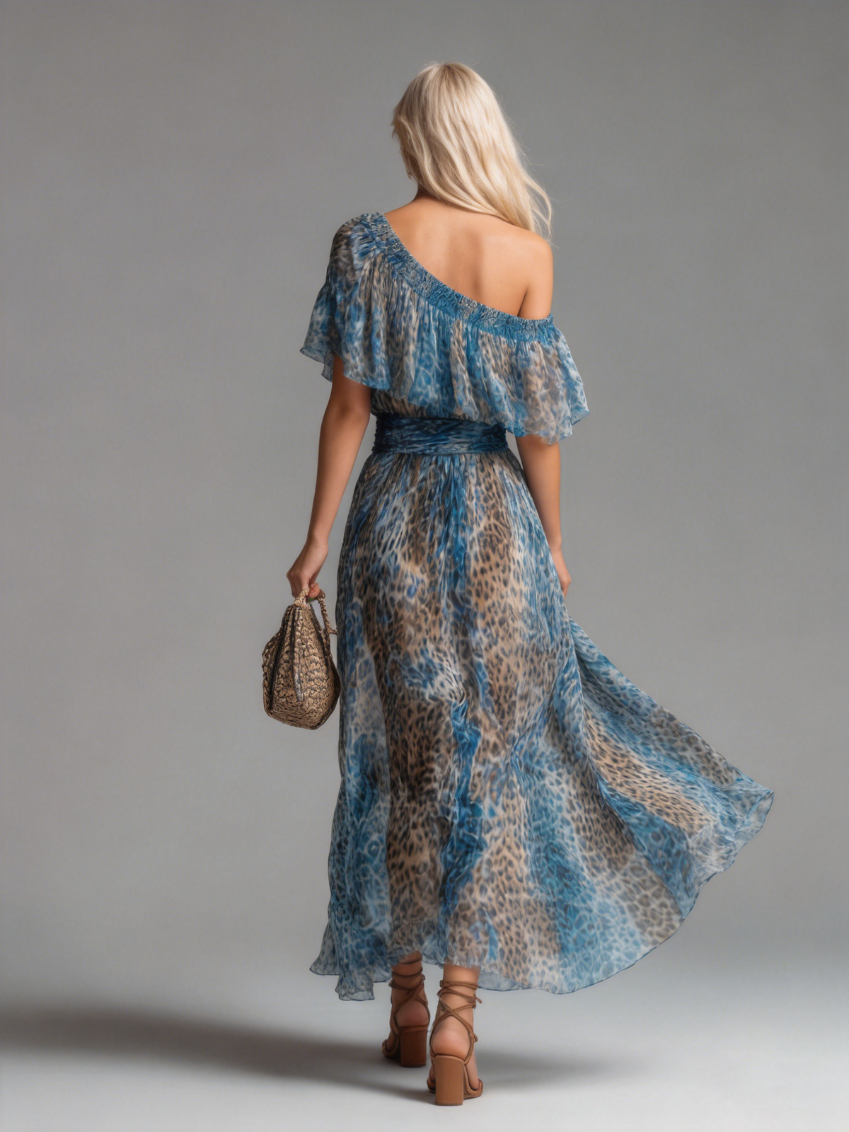 Paula | Vestido largo de gasa con estampado de leopardo y diseño de hombros descubiertos