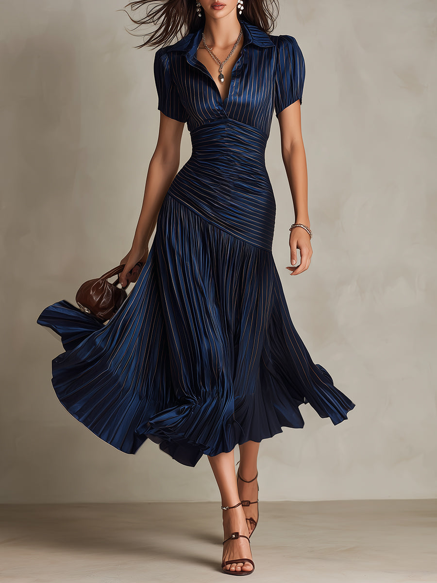 Adriana | Vestido midi retro de satén a rayas
