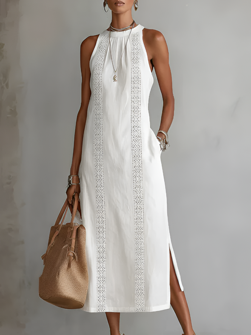 Jimena | Vestido midi informal bordado con cuello mandarín
