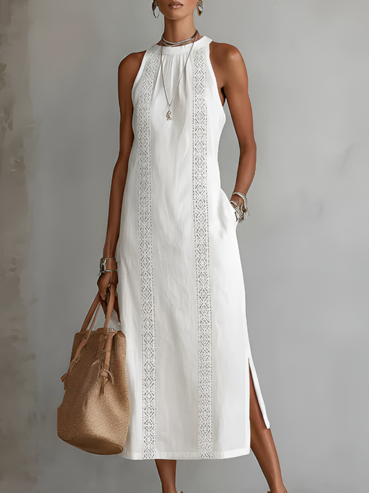 Jimena | Vestido midi informal bordado con cuello mandarín