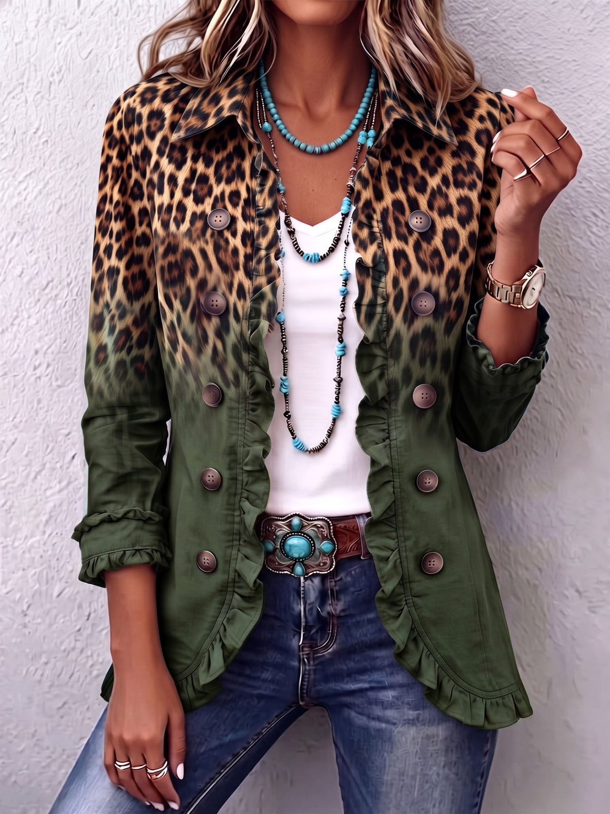 Marina | Blazer con estampado de leopardo degradado y volantes
