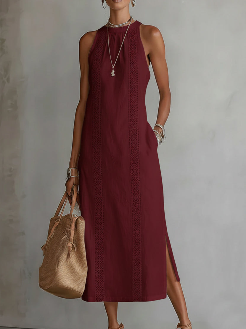 Jimena | Vestido midi informal bordado con cuello mandarín