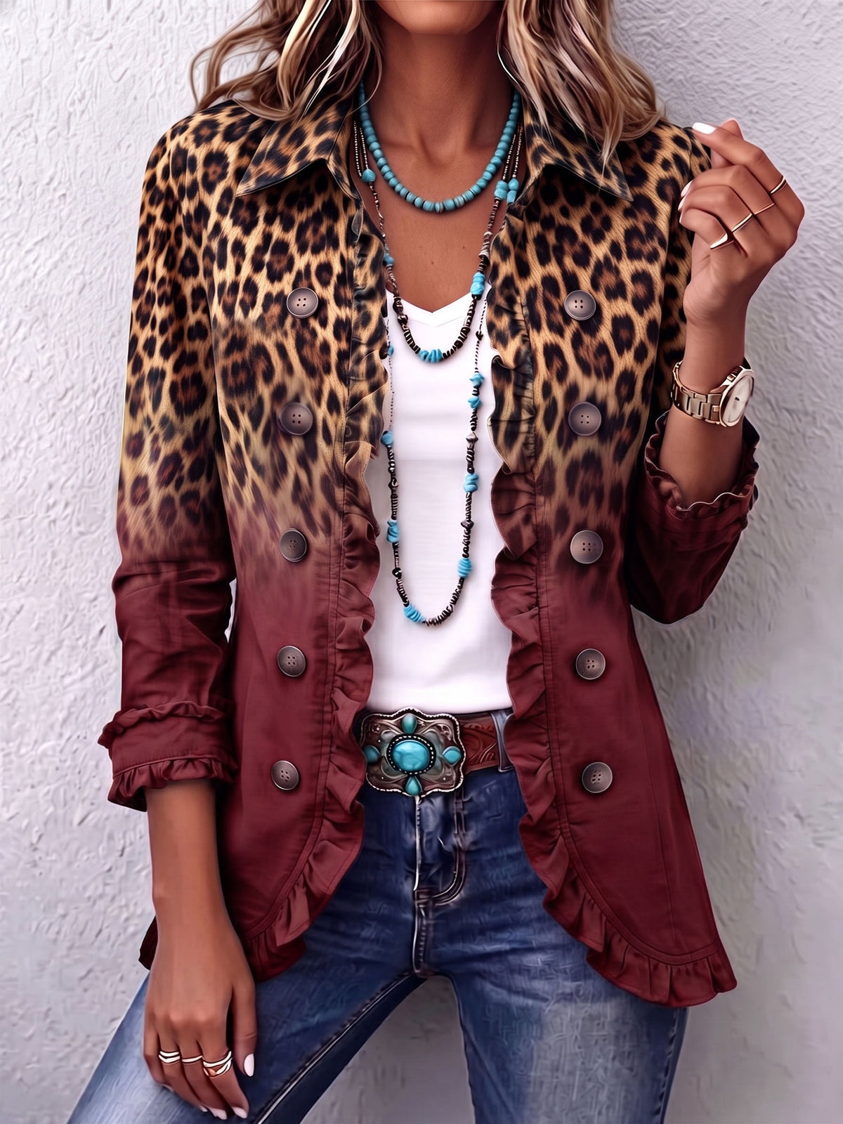 Marina | Blazer con estampado de leopardo degradado y volantes