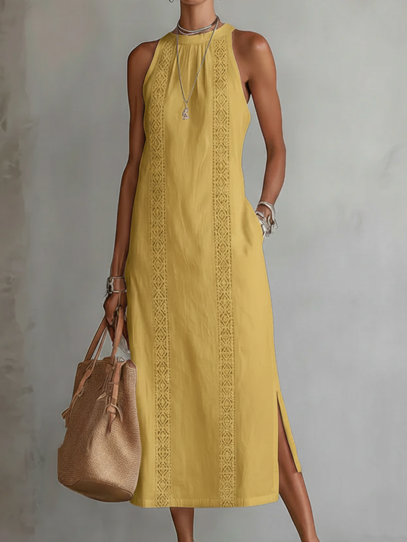 Jimena | Vestido midi informal bordado con cuello mandarín