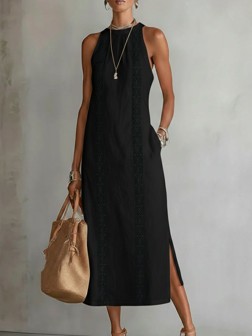 Jimena | Vestido midi informal bordado con cuello mandarín