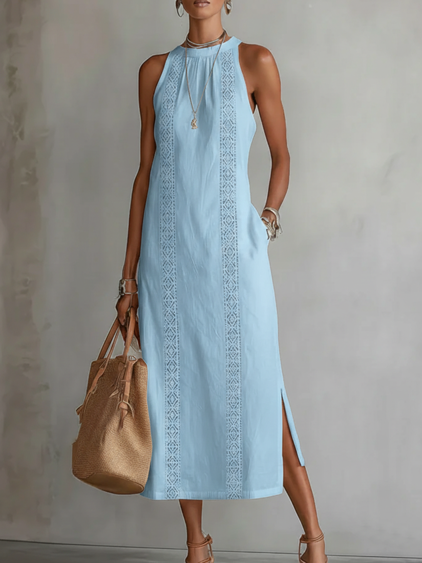 Jimena | Vestido midi informal bordado con cuello mandarín
